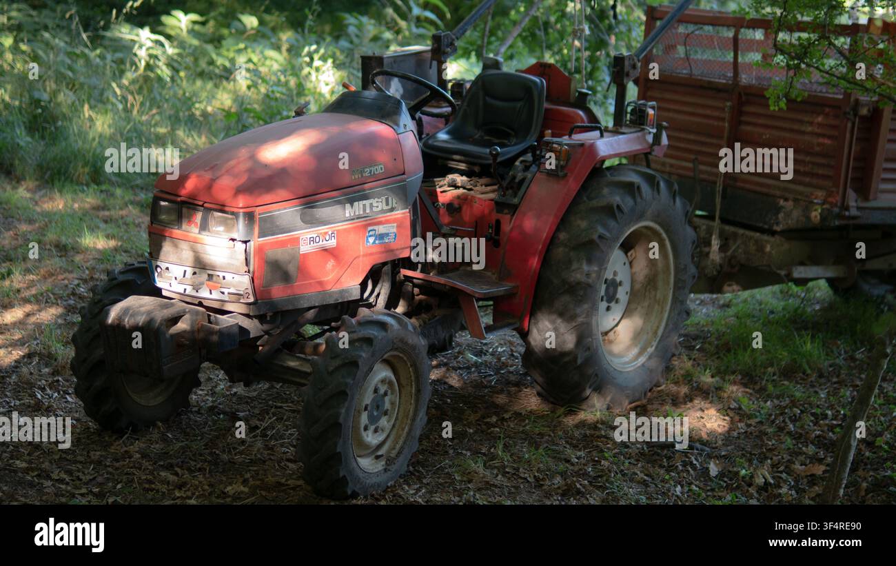Tracteur compact Mitsubishi MT270D avec remorque utilitaire garé à Porto, Portugal Banque D'Images