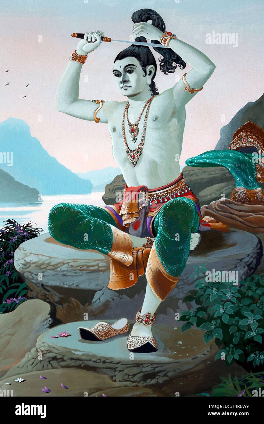 Temple chinois de Viharn Sien. Siddhartha coupant ses cheveux. La renonciation du prince Siddhartha, le futur Bouddha, est l'acte déterminant marquant son Banque D'Images