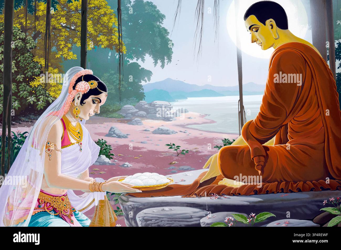 Temple chinois Viharn Sien. Sujata offre au Bouddha un pudding au lait, le prenant pour un esprit divin. Pattaya, Thaïlande. Banque D'Images