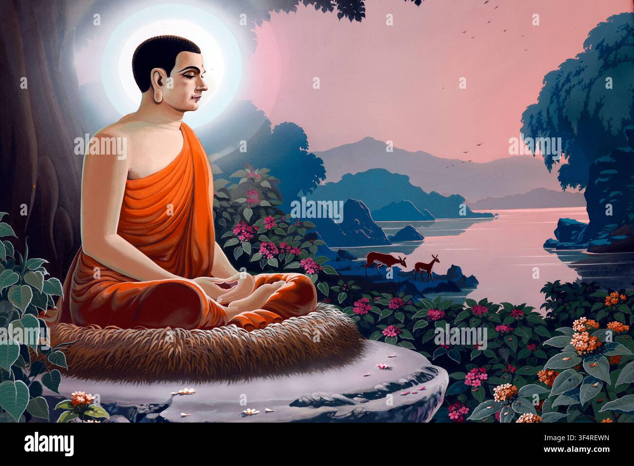 Temple chinois Viharn Sien. Le Bouddha médite sous l’arbre bodhi, atteignant l’illumination et le nirvana. Pattaya, Thaïlande. Banque D'Images