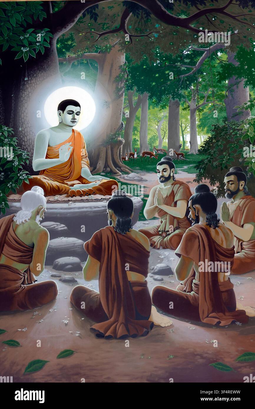 Temple chinois Viharn Sien. Bouddha fait tourner la roue du Dharma et prêche les Quatre Nobles Vérités à ses cinq premiers disciples sous l’arbre Bodhi. Patt Banque D'Images