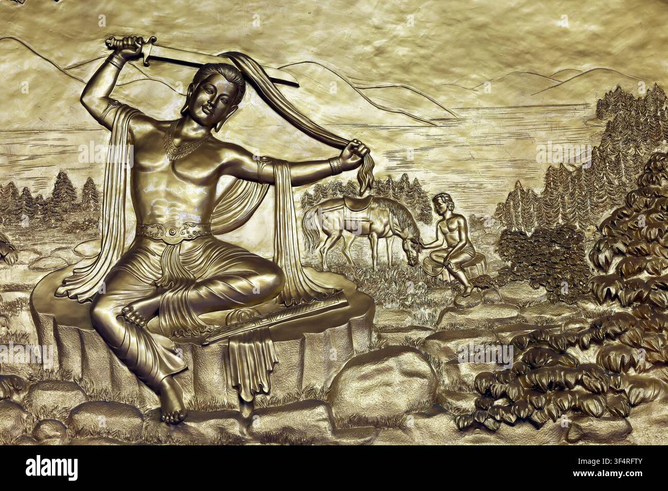 Pagode Vietnam Quoc Tu. Siddhartha se coupant les cheveux. La renonciation du prince Siddhartha – le futur Bouddha – est l'acte décisif marquant son départ Banque D'Images