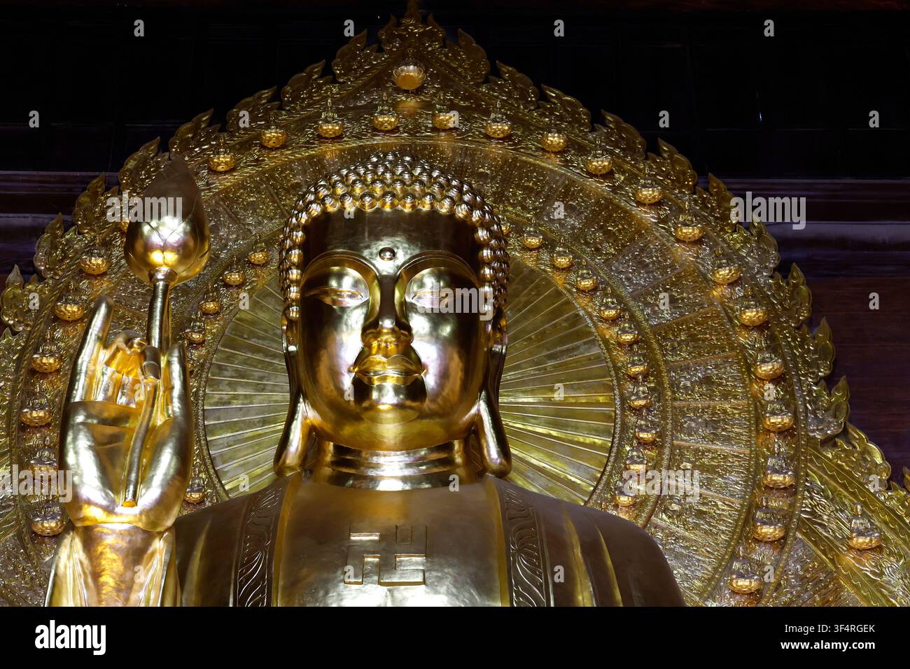 Pagode de Bai Dinh. Une statue géante dorée de Bouddha Shakyamuni en méditation, tenant une fleur de lotus – un symbole de pureté et d'éveil. Ninh Binh, Vie Banque D'Images