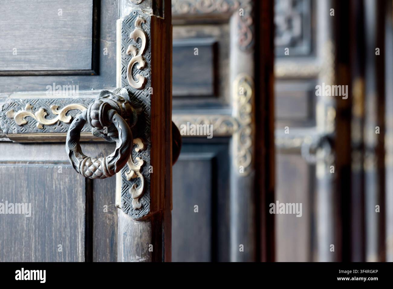 Pagode de Bai Dinh. Une porte en bois sombre ornée d’une poignée en métal sculptée et de motifs décoratifs. Ninh Binh, Vietnam. Banque D'Images
