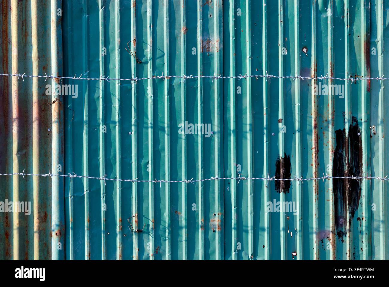 Une clôture en métal ondulé, partiellement rouillée et peinte en vert, est entrecroisée par du fil barbelé. L'image met en évidence la texture et les ombres créées Banque D'Images