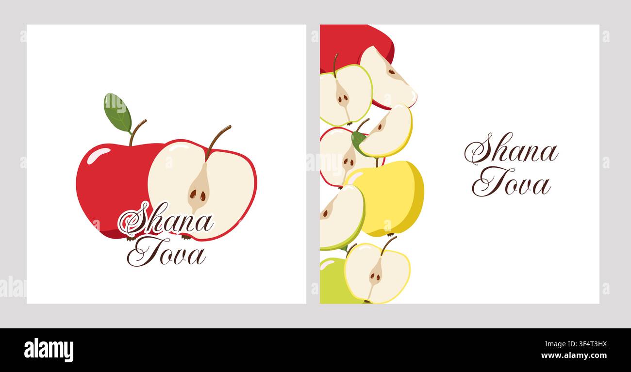 Deux cartes de vœux de Rosh Hashanah avec des pommes, des grenades, des rayons de miel et des abeilles sur fond beige Illustration de Vecteur