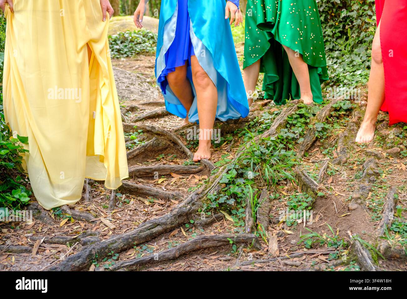 Femmes en robes colorées fluides marchant pieds nus sur des racines noueuses dans une forêt luxuriante Banque D'Images