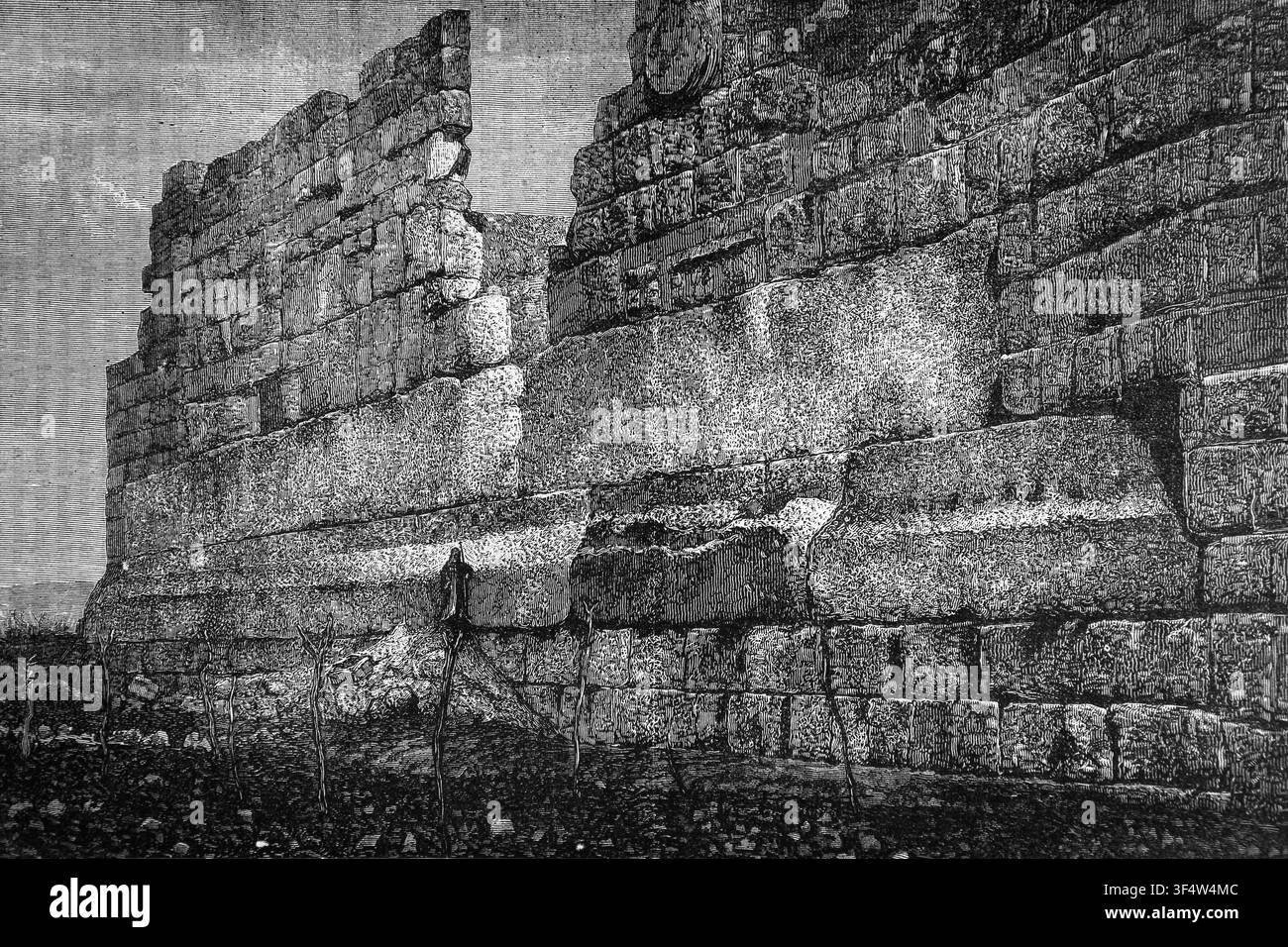 Gravure des trois pierres fondamentales sur la plateforme du Grand Temple de Jupiter, les pièces de pierre les plus lourdes jamais utilisées dans la construction Banque D'Images