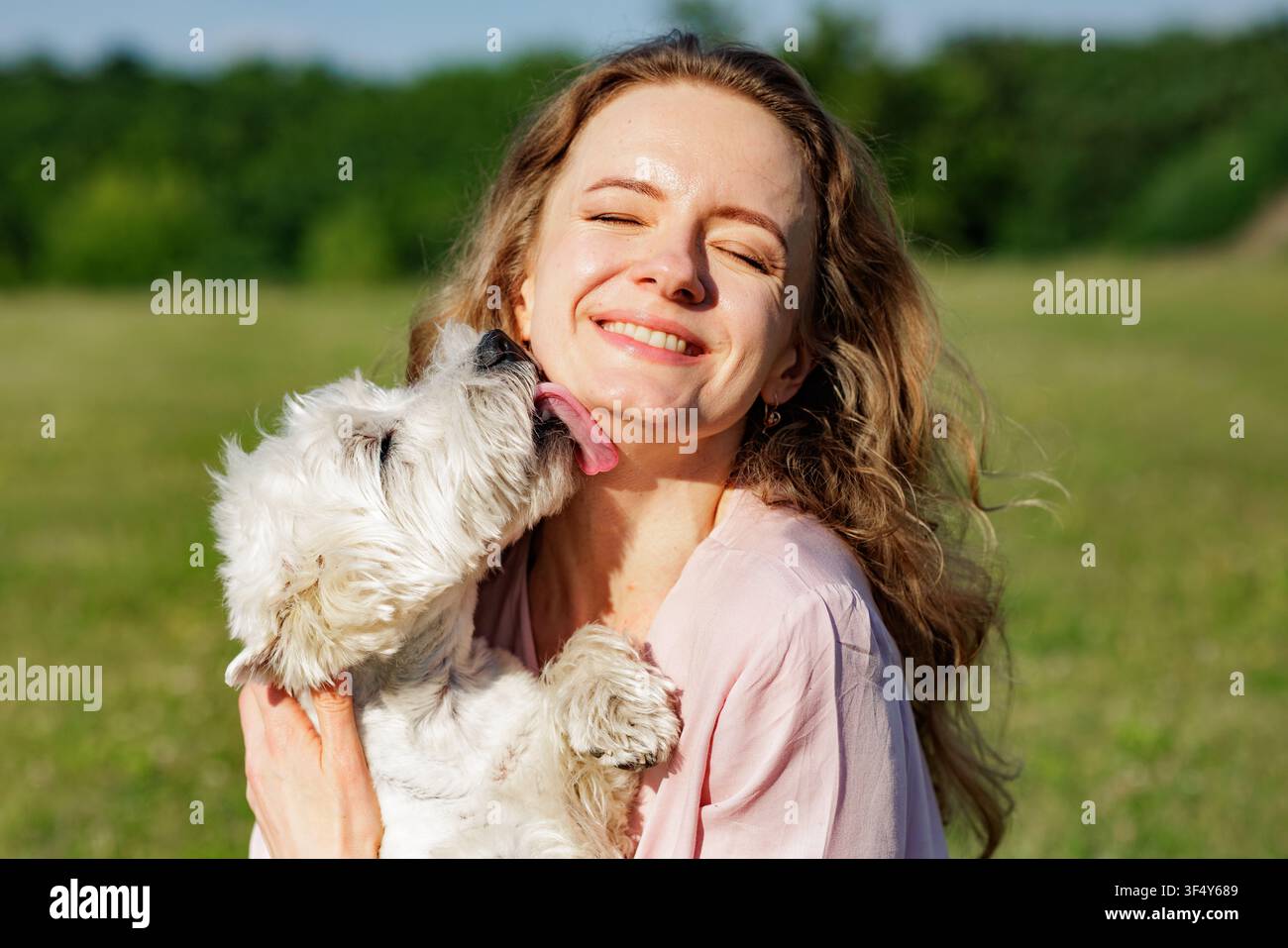 Une femme profite d'un moment joyeux avec son chien, montrant de l'amour et des soins tout en passant du temps en plein air dans un champ ensoleillé. Banque D'Images