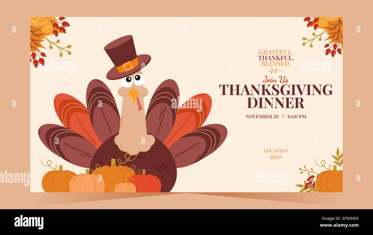 Dinde mignonne avec des citrouilles et une couronne d'automne pour une invitation à un dîner de Thanksgiving. Idéale pour les cartes de vœux, les événements de fête et la conception d'impression, illustration vectorielle. Illustration de Vecteur