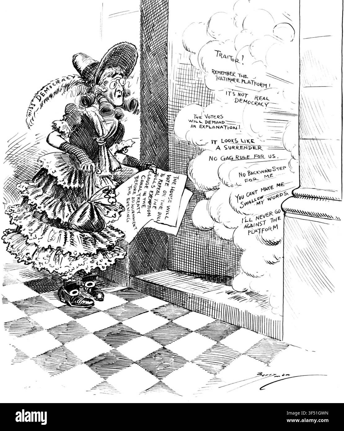 'Miss Democracy-Lan' Sakes ! Mars part vraiment comme un lion !, une caricature politique de Clifford Berryman, un caricaturiste et illustrateur américain, tirée des archives du Sénat américain. Banque D'Images