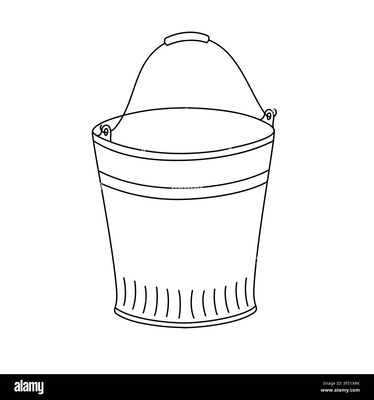 Seau de jardin en métal avec poignée, illustration vectorielle linéaire dessinée à la main, équipement simple pour la maison ou l'agriculture pour les tâches et le design de nettoyage, mignon doodle de contour noir et blanc isolé en clipart Illustration de Vecteur