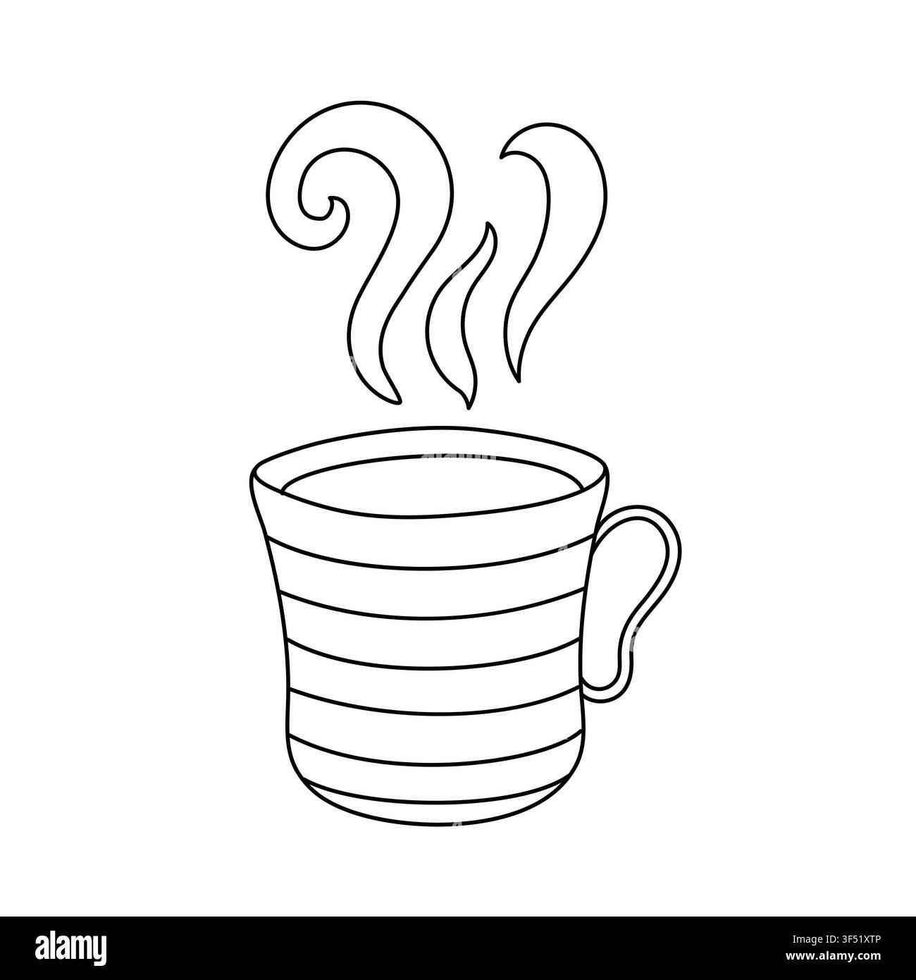 Tasse rayée avec du thé ou du café chaud fumant, illustration vectorielle linéaire, tasse dessinée à la main confortable avec une boisson chaude du matin pour pages à colorier, simple contour noir et blanc doodle clipart isolé Illustration de Vecteur