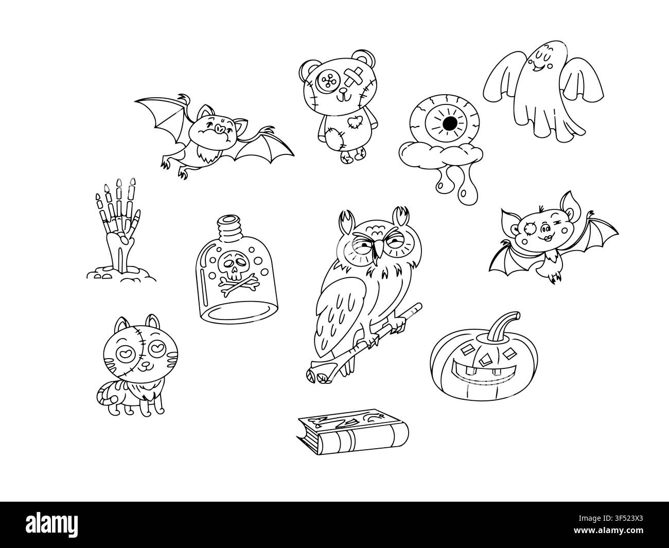 Ensemble d'icônes d'illustration vectorielle d'Halloween mignon et effrayant. Collection d'éléments graphiques d'ours en peluche effrayant, chauve-souris, hibou, chat, citrouille, fantôme, zombie, main, bouteille de poison Illustration de Vecteur