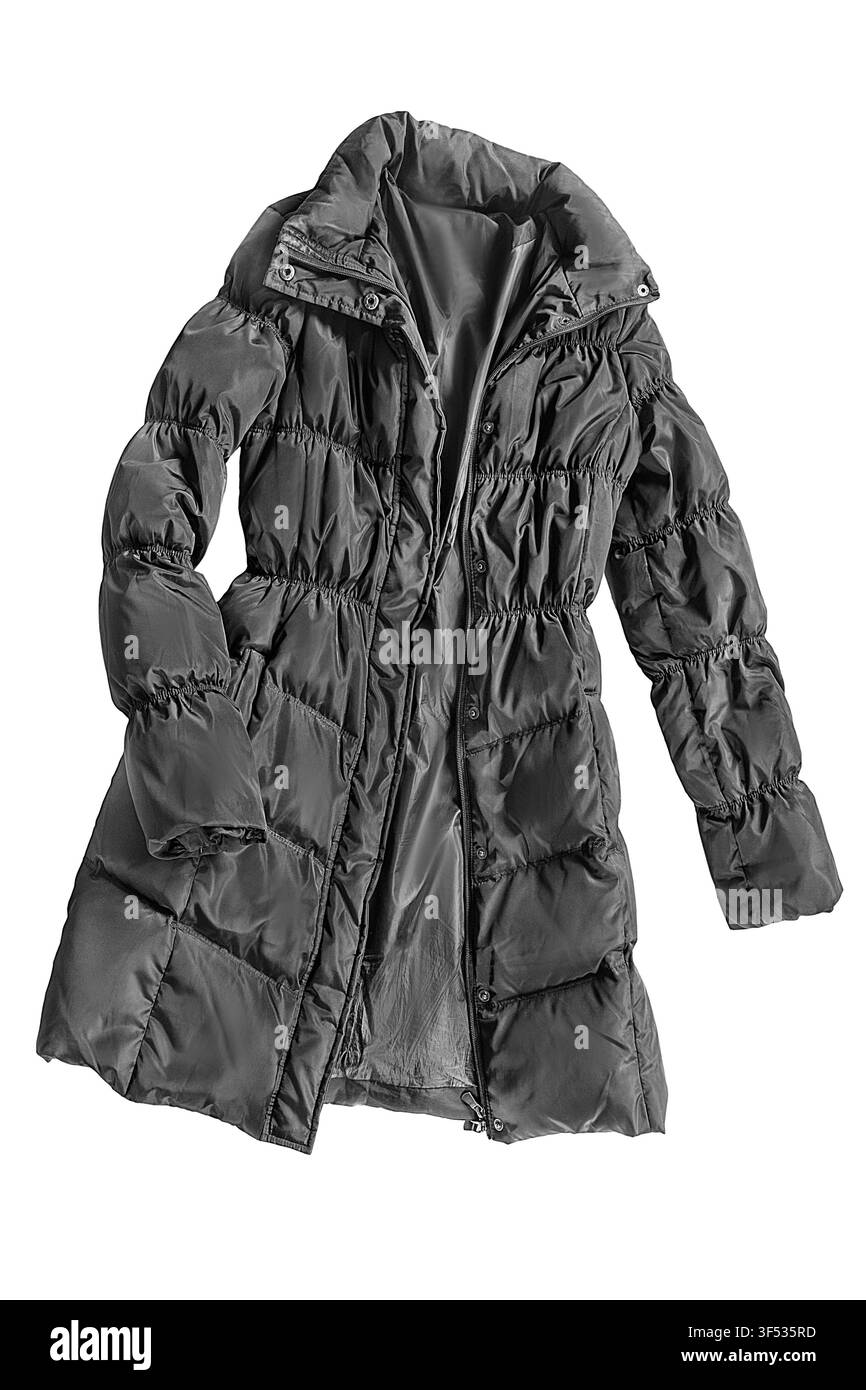 Manteau d'hiver noir déboutonné, isolé sur fond blanc Banque D'Images