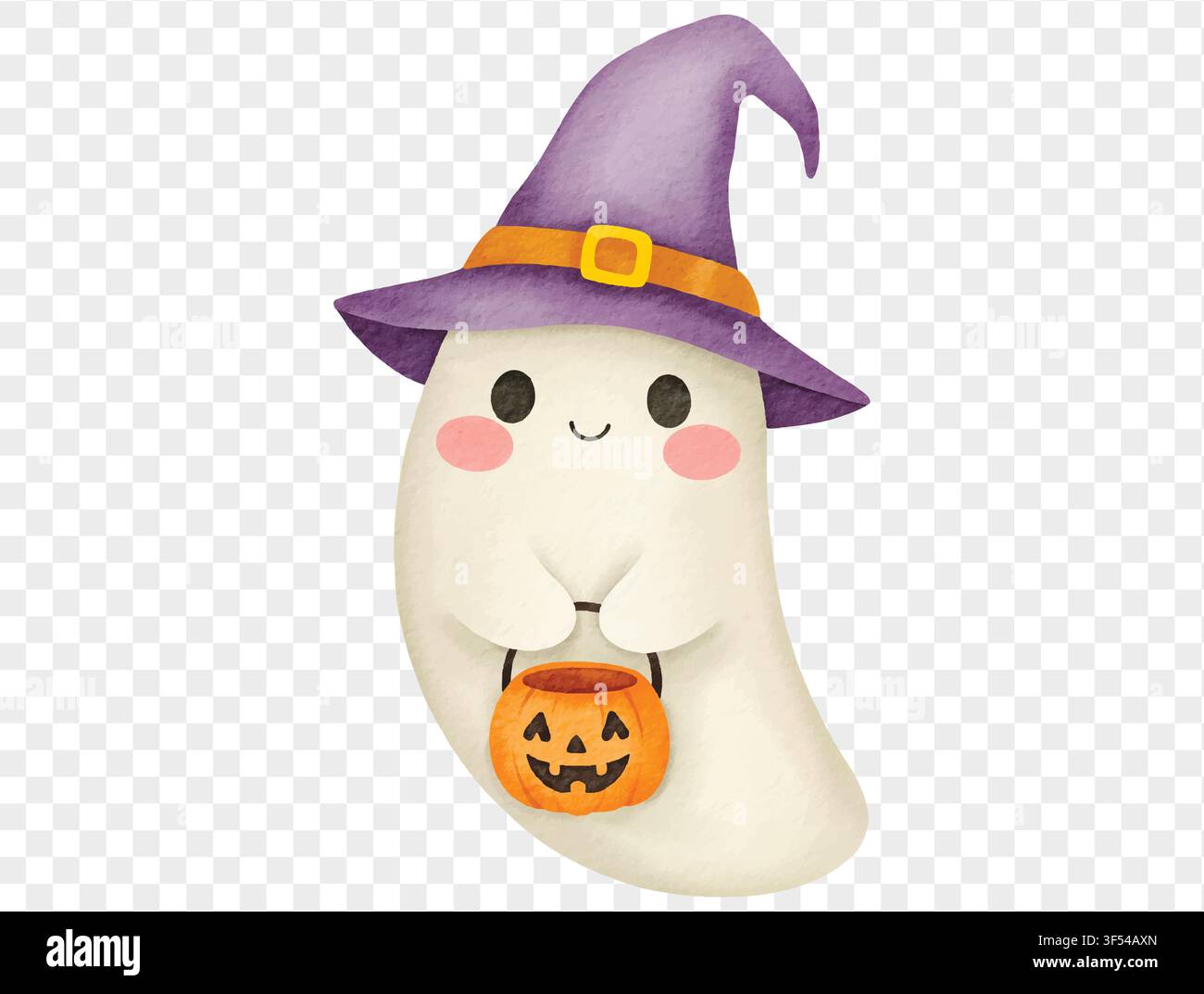 Aquarelle d'un fantôme mignon portant un chapeau de sorcière violet et tenant un seau en citrouille, illustration adorable pour Halloween. Vecteur Illustration de Vecteur