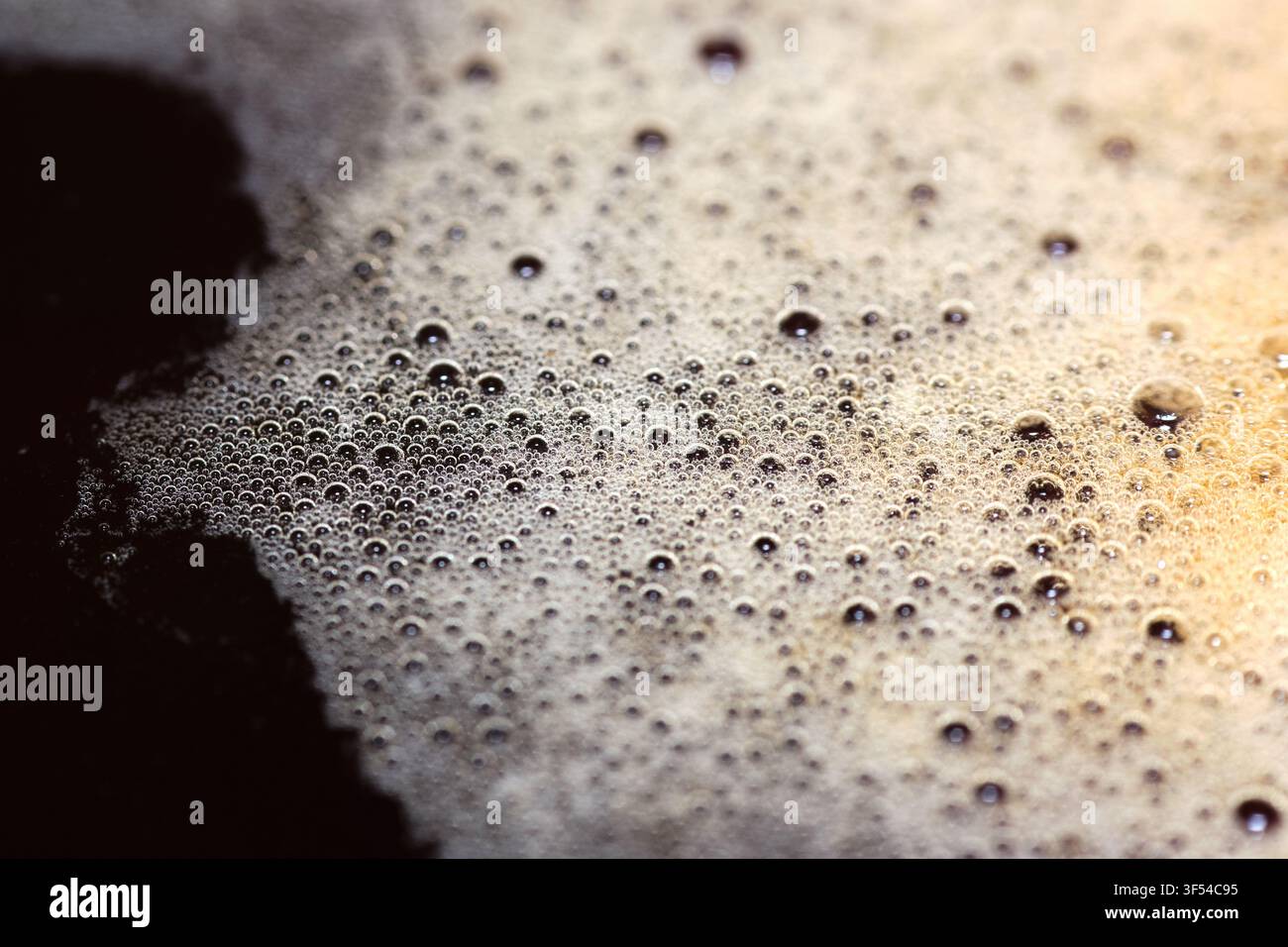 Vue macro de mousse crémeuse avec de minuscules bulles au sommet d'une tasse d'expresso chaud fraîchement préparé, montrant une texture riche et des nuances brunes. Banque D'Images