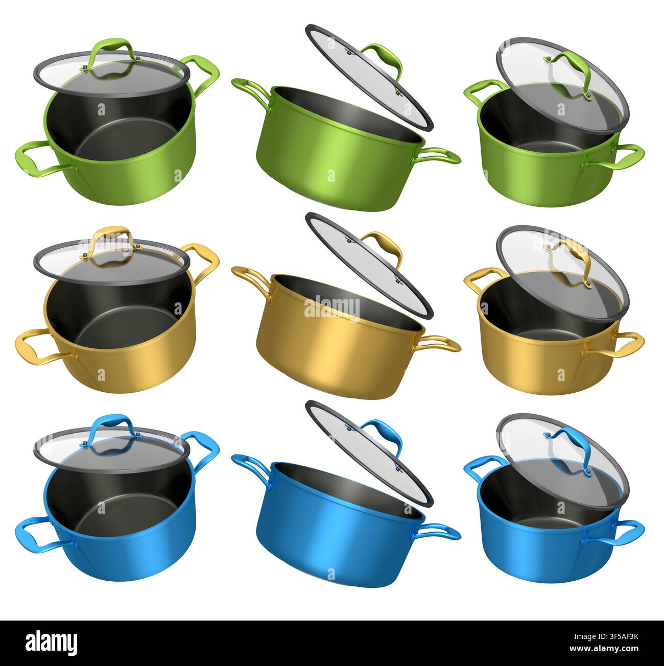 Ensemble de stewpot en acier inoxydable et ustensiles de cuisine en aluminium chromé sur fond blanc Banque D'Images