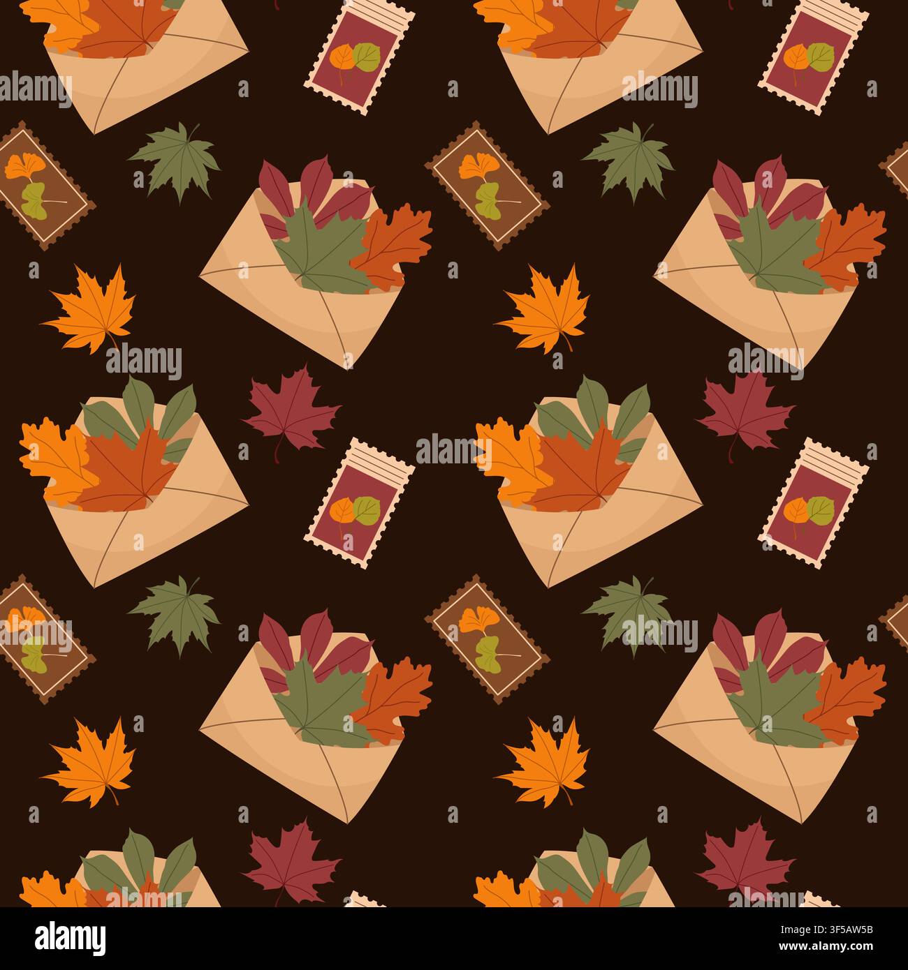 Motif automnal sans couture avec des enveloppes artisanales remplies de feuilles tombées et des timbres sur un fond sombre plat Illustration de Vecteur