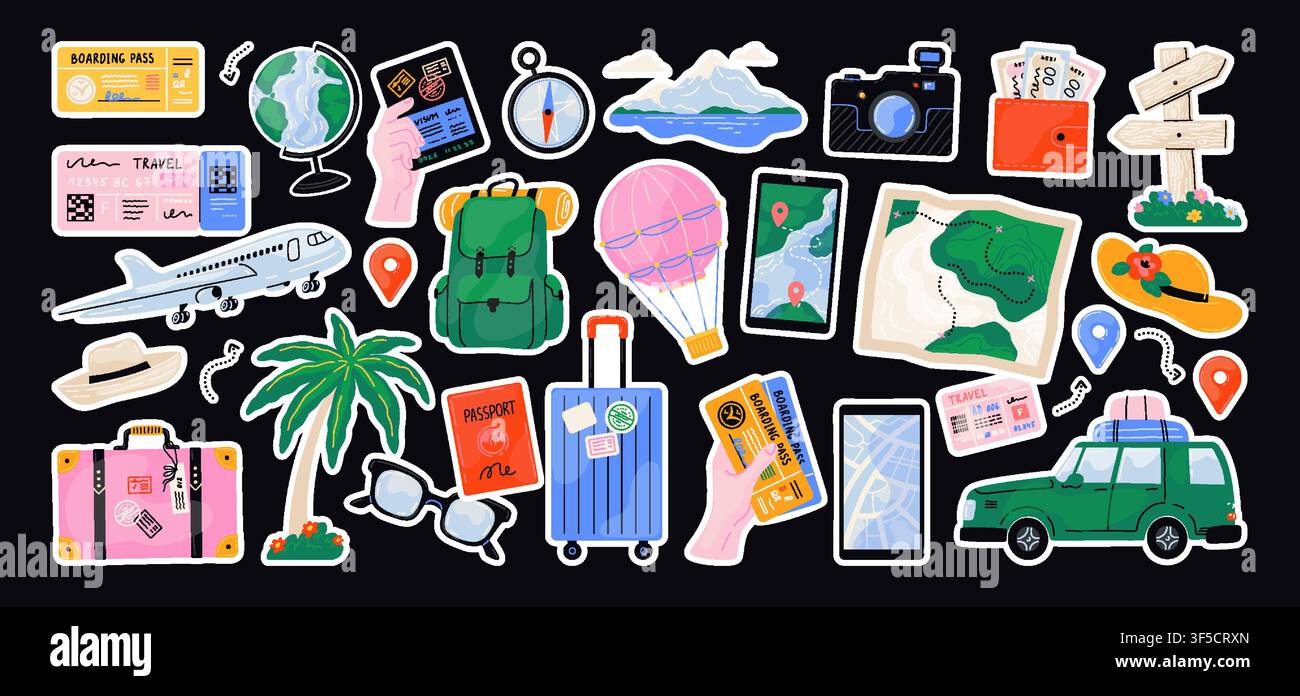 Icônes de voyage. Carte du monde des vacances, valise d'été dans la voiture, appareil photo et passeport pour le tourisme. Bagages d'avion, transport et documents. Autocollants d'organisation de voyage. Ensemble plat de style cartoon vectoriel isolé Illustration de Vecteur