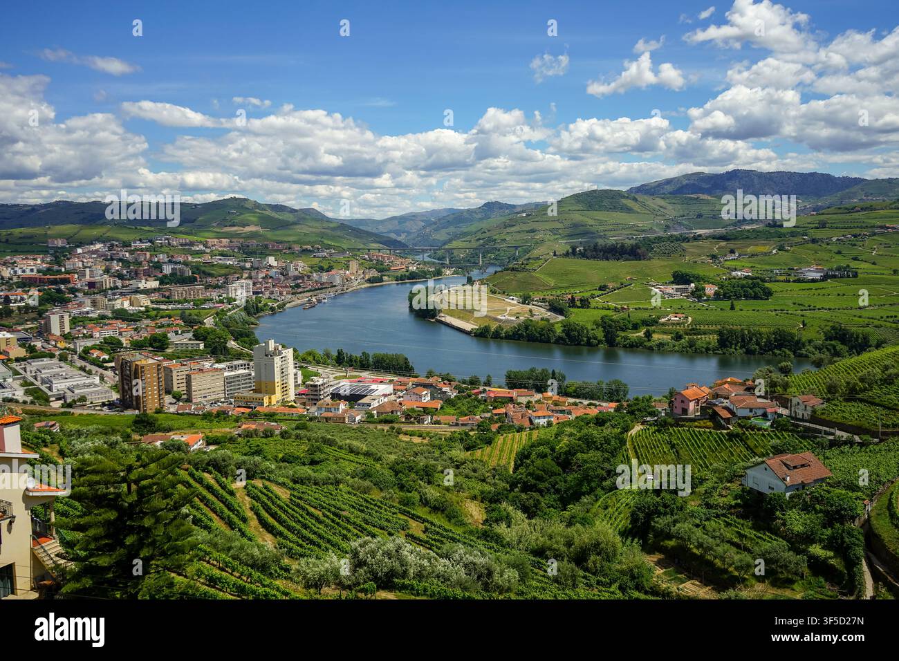 Vue panoramique de Peso da Regua et du fleuve Douro entourés de vignes en terrasses dans le val du Douro, Portugal Banque D'Images