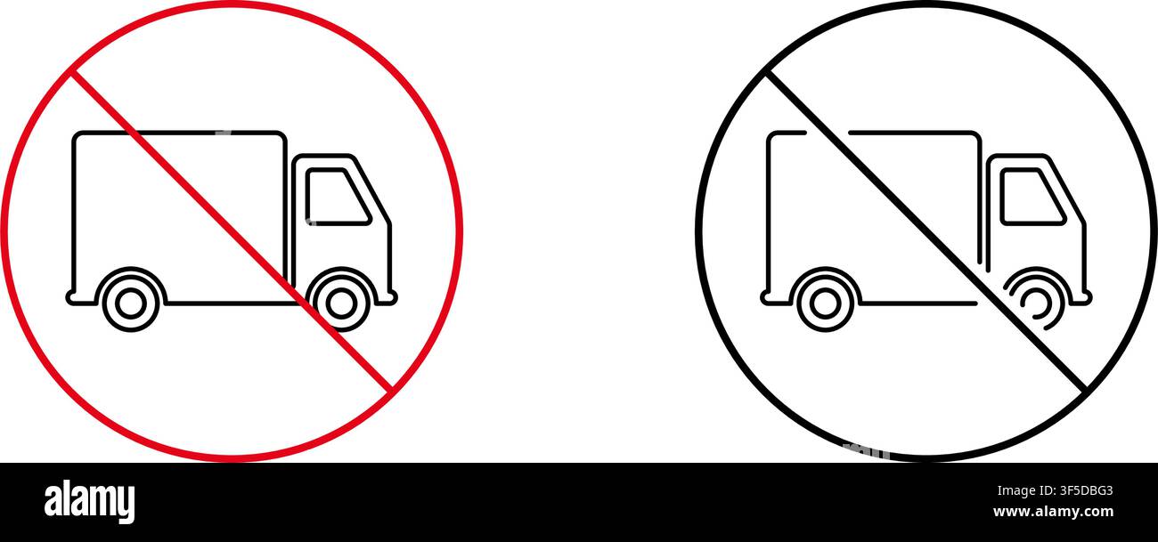 Ensemble d'icônes de zone interdit aux camions. Restriction de véhicule, régulation du trafic et symbole de ligne sans entrée pour camions. Sécurité routière et urbaine Illustration de Vecteur