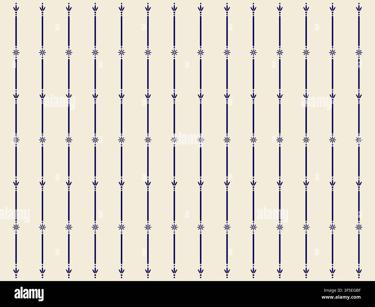 Motif vertical sans couture avec des motifs de feuilles et de fougères bleu marine, des médaillons en forme d'étoile et des tiges à pois sur un fond crème. Banque D'Images