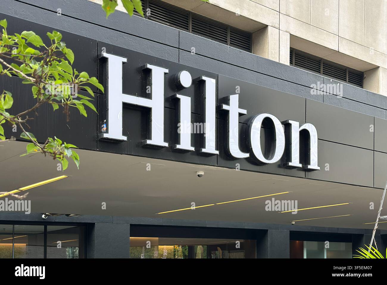 Toronto, Ontario, Canada - 5 juillet 2026 : logo de l'hôtel Hilton affiché sur l'entrée d'un bâtiment moderne avec une architecture élégante, une façade noire et de la verdure, représentant l'hospitalité de luxe. Banque D'Images