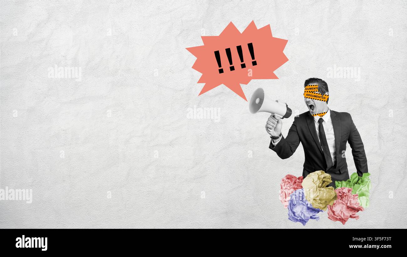 Une collagie conceptuelle créative d'un homme d'affaires en costume criant dans un mégaphone avec ses yeux censurés par du ruban de sécurité, représentant la communication, Banque D'Images