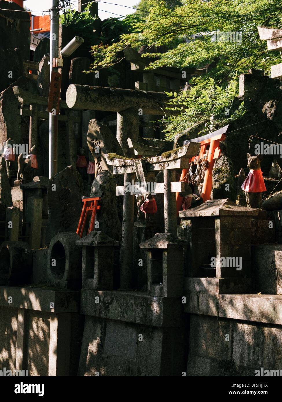 Statues de renards en pierre et portes torii miniatures au sanctuaire Fushimi Inari Taisha, Kyoto, Japon Banque D'Images