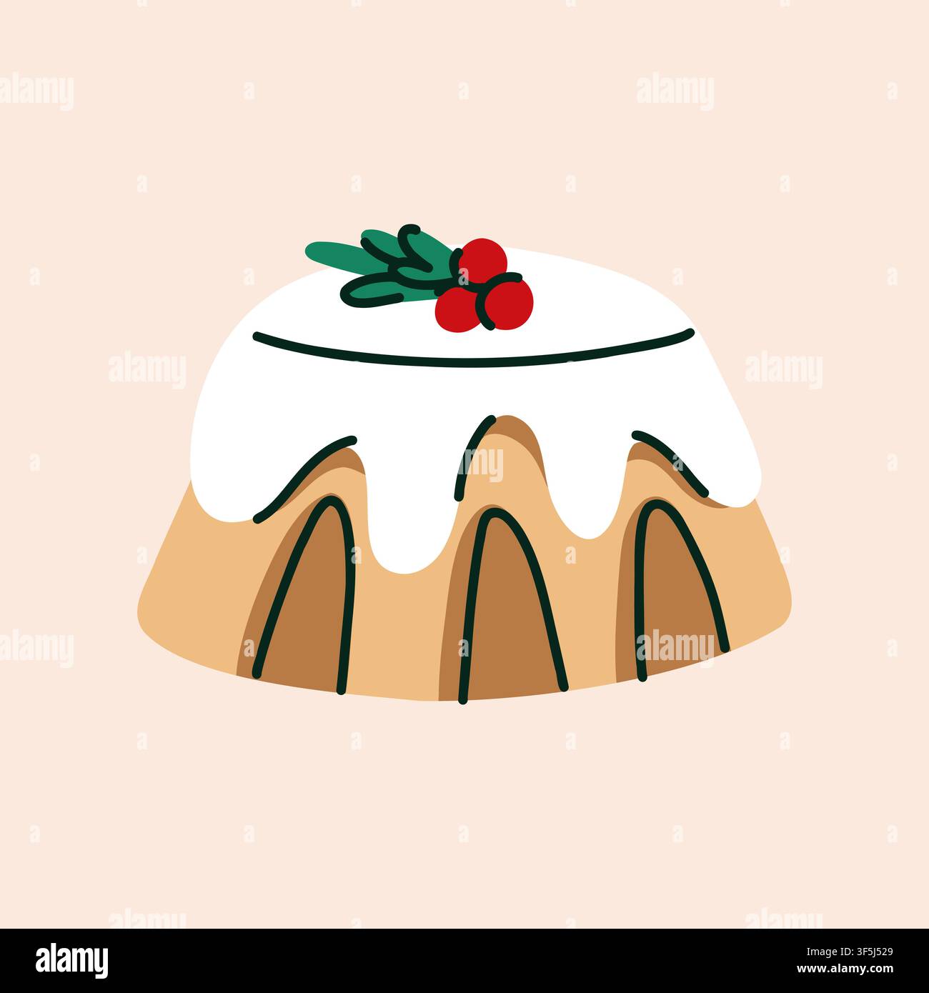Gâteau Bundt minimaliste de Noël avec glaçage blanc et décoration de houx, illustration de dessert de fête dessinée à la main pour cartes de vœux et conception alimentaire saisonnière Illustration de Vecteur