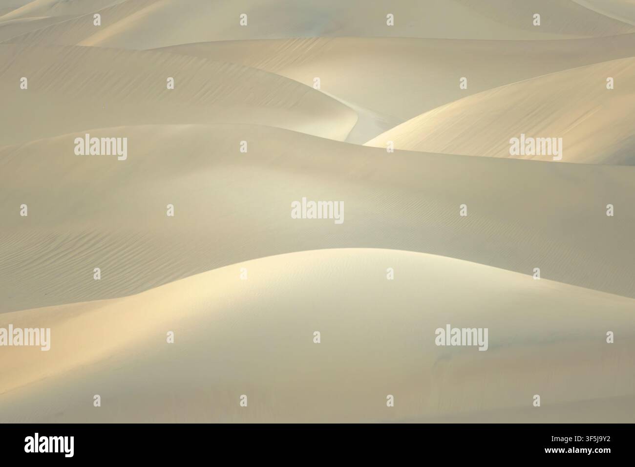 Dunes de sable douces sculptées par le vent dans le parc national de Death Valley, en Californie, avec des crêtes douces et une brume de poussière flottante, créant une ambiance abstraite et minimaliste Banque D'Images