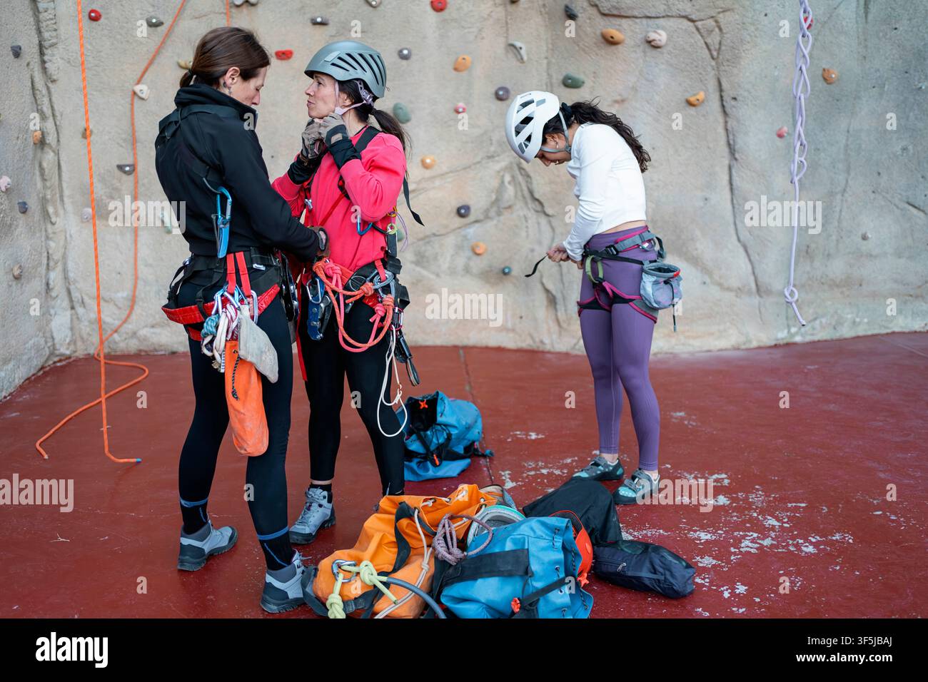 Trois femmes préparent des harnais, des casques et des cordes avant un entraînement vertical sur un mur artificiel dans une salle d'escalade intérieure, pratiquant les techniques de sécurité Banque D'Images