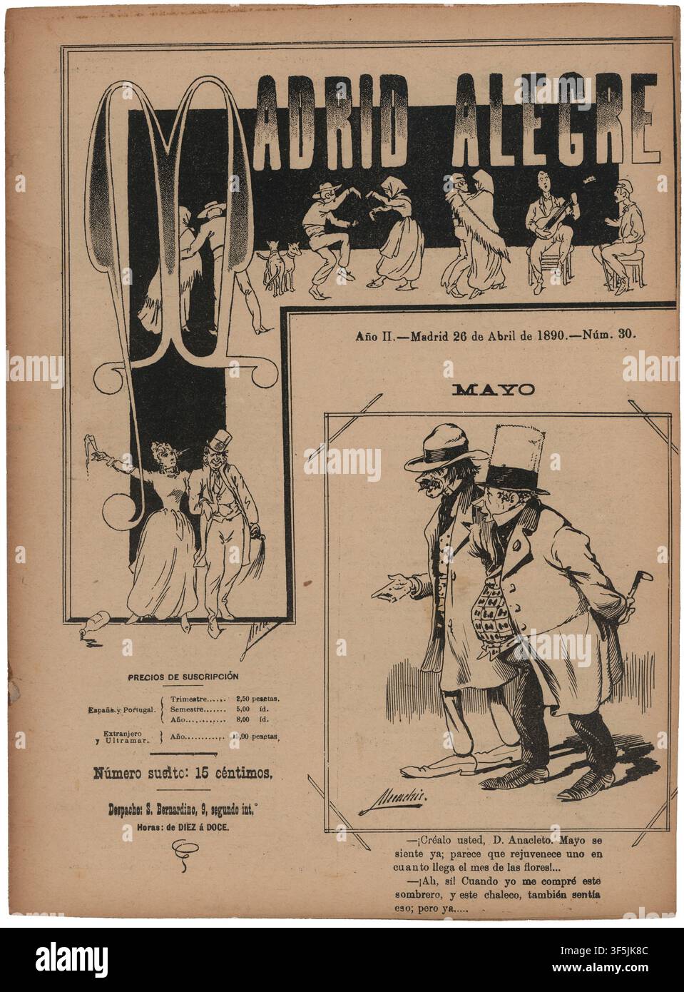 Espagne. Couverture du magazine Madrid Alegre, avril 1890. Dessins de Mecachis. Banque D'Images