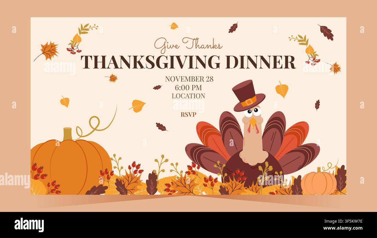 Dinde mignonne avec des citrouilles et une couronne d'automne pour une invitation à un dîner de Thanksgiving. Idéale pour les cartes de vœux, les événements de fête et la conception d'impression, illustration vectorielle. Illustration de Vecteur