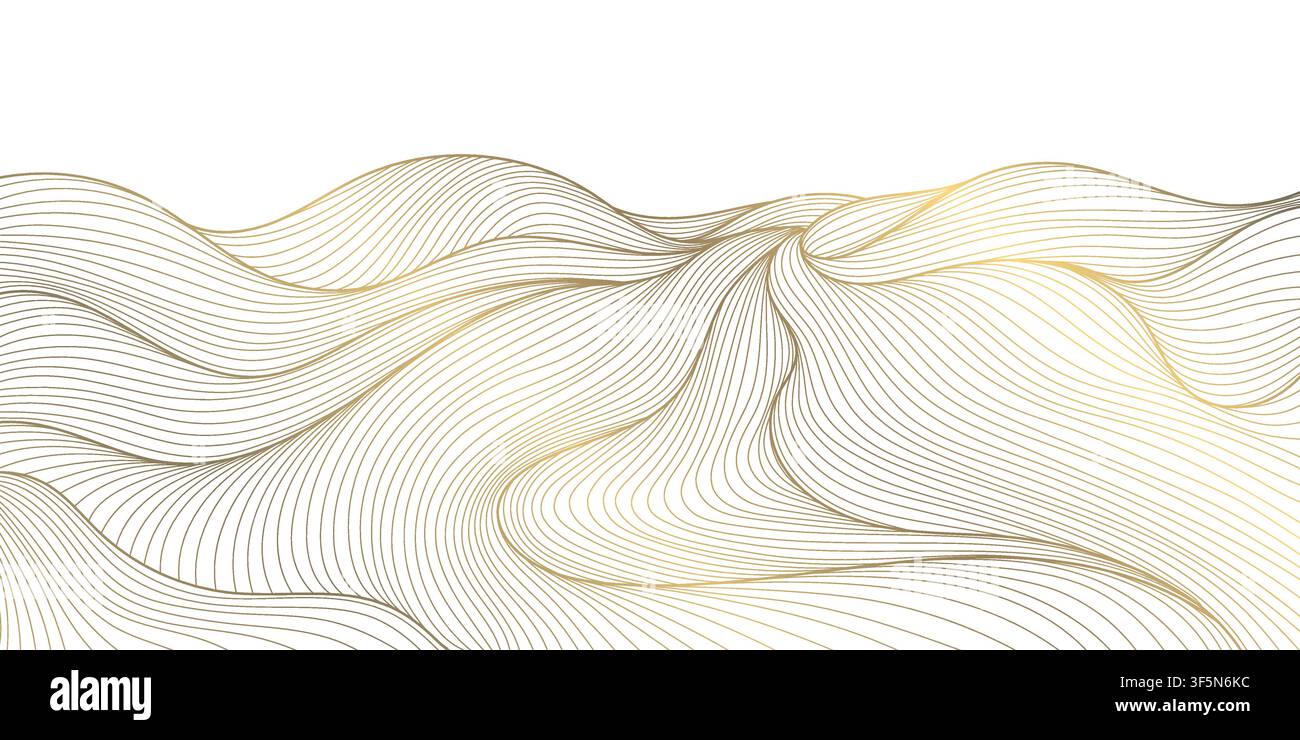 Motif nature en vague vectorielle, ligne or sur fond blanc avec montagnes, océan, mer, style japonais. Art mural ornemental élégant, poster, oriental Illustration de Vecteur