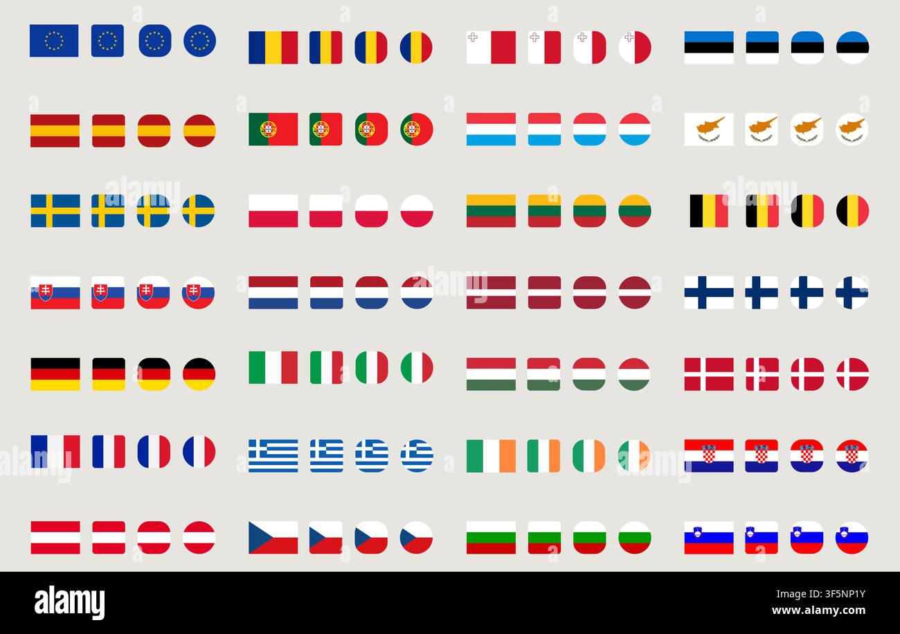 Collection géante des drapeaux nationaux des États membres de l'Union européenne en quatre formes différentes et styles plats en tant qu'icônes d'interface utilisateur Web vectorielles Illustration de Vecteur