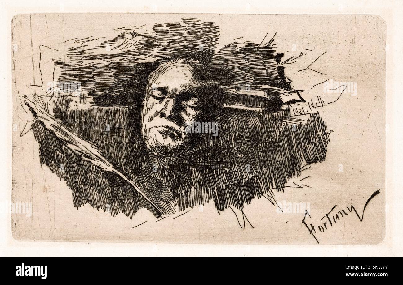 Ludwig van Beethoven (1770-1827), compositeur allemand, gravure de portrait de masque mortel par Marià Fortuny, (Mariano Fortuny) 1848-1874 Banque D'Images