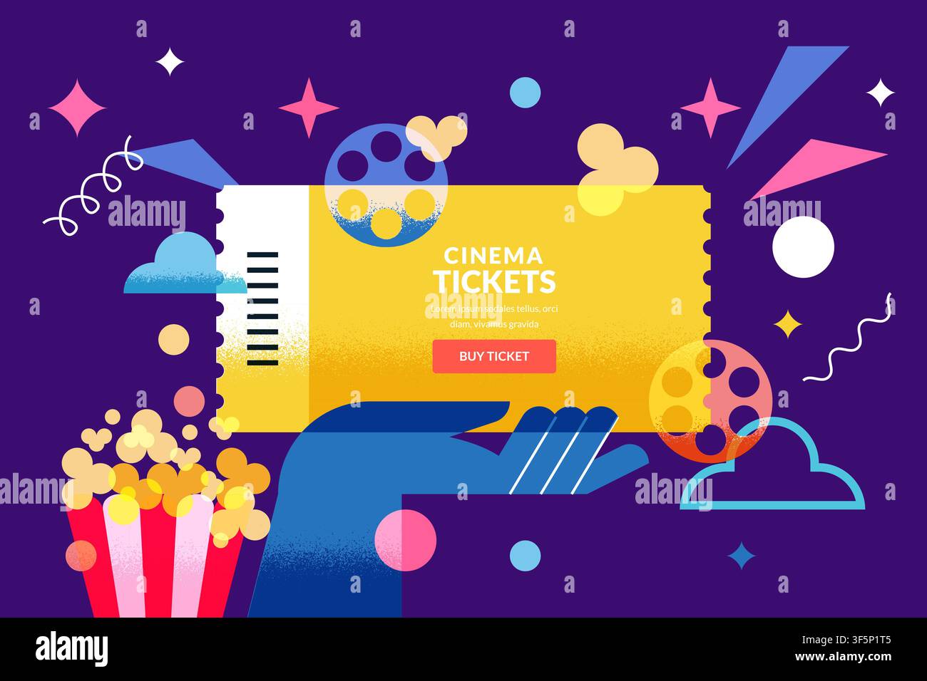 Bannière de billet de cinéma avec une main tenant un ticket, du pop-corn et des bobines de film. Illustration géométrique plate vectorielle. Éléments de conception pour une affiche de soirée cinéma, fi Illustration de Vecteur