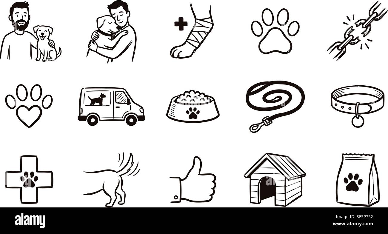 Éléments de conception vectorielle vétérinaire et d'adoption de chiens mettant en avant des croix médicales, des queues remuantes, des gestes de pouce levé et des niches en bois Illustration de Vecteur