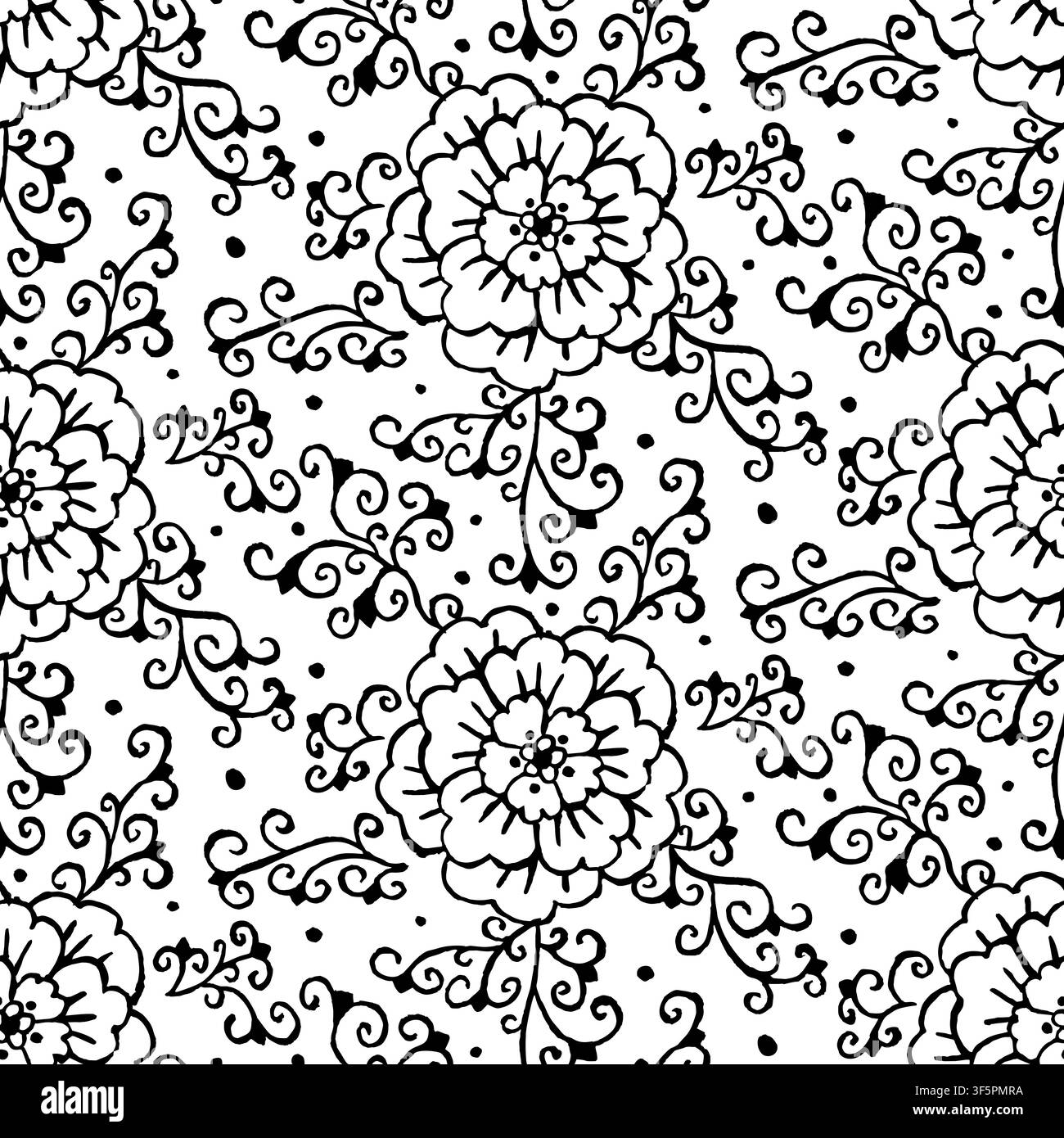 Motif sans couture chinoiserie d'encre noire sur fond blanc. Pot de gingembre vintage motif floral répétitif Illustration de Vecteur