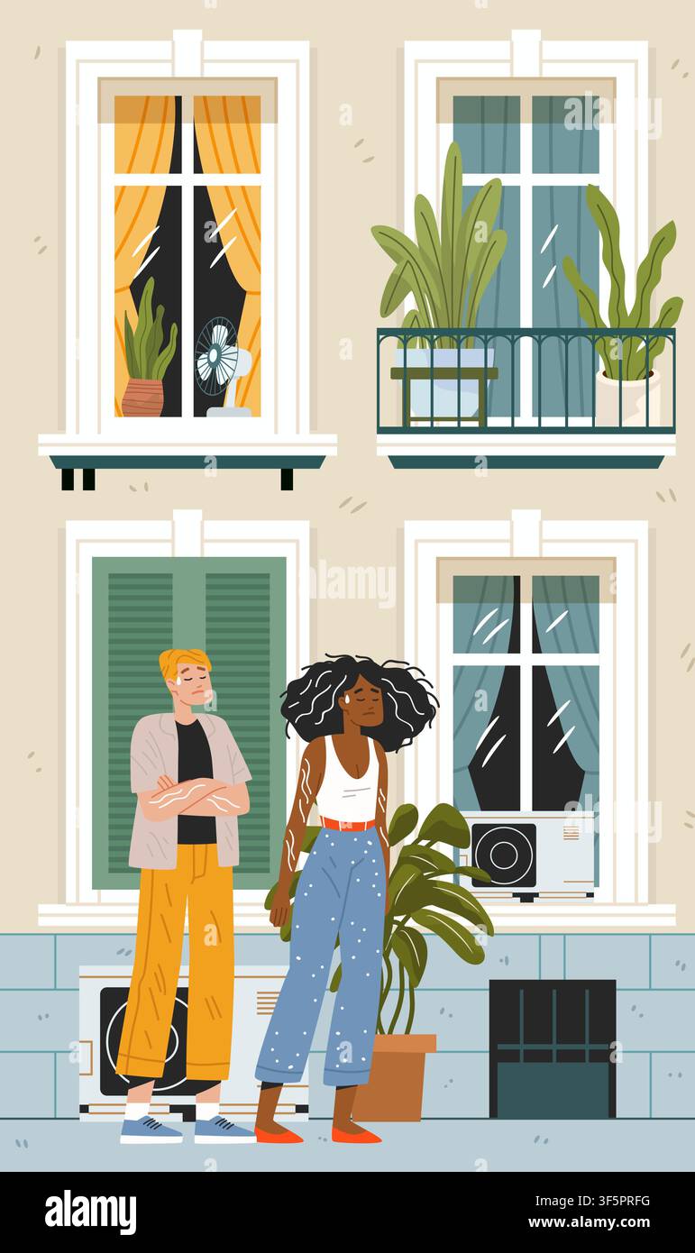 Canicule Europe solutions de refroidissement pour appartements personnes en plein air ventilateurs climatiseurs plantes bâtiment été scène urbaine design plat Illustration de Vecteur