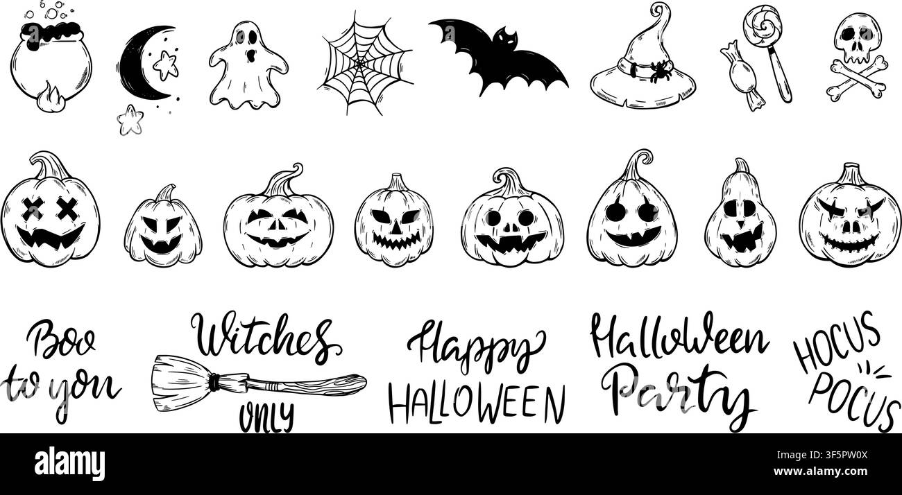 Éléments de style Halloween sales. Citrouilles effrayantes, chauve-souris, toile d'araignée, chapeau de sorcière et chaudron. Symboles de festival d'automne, différents personnages horribles Illustration de Vecteur
