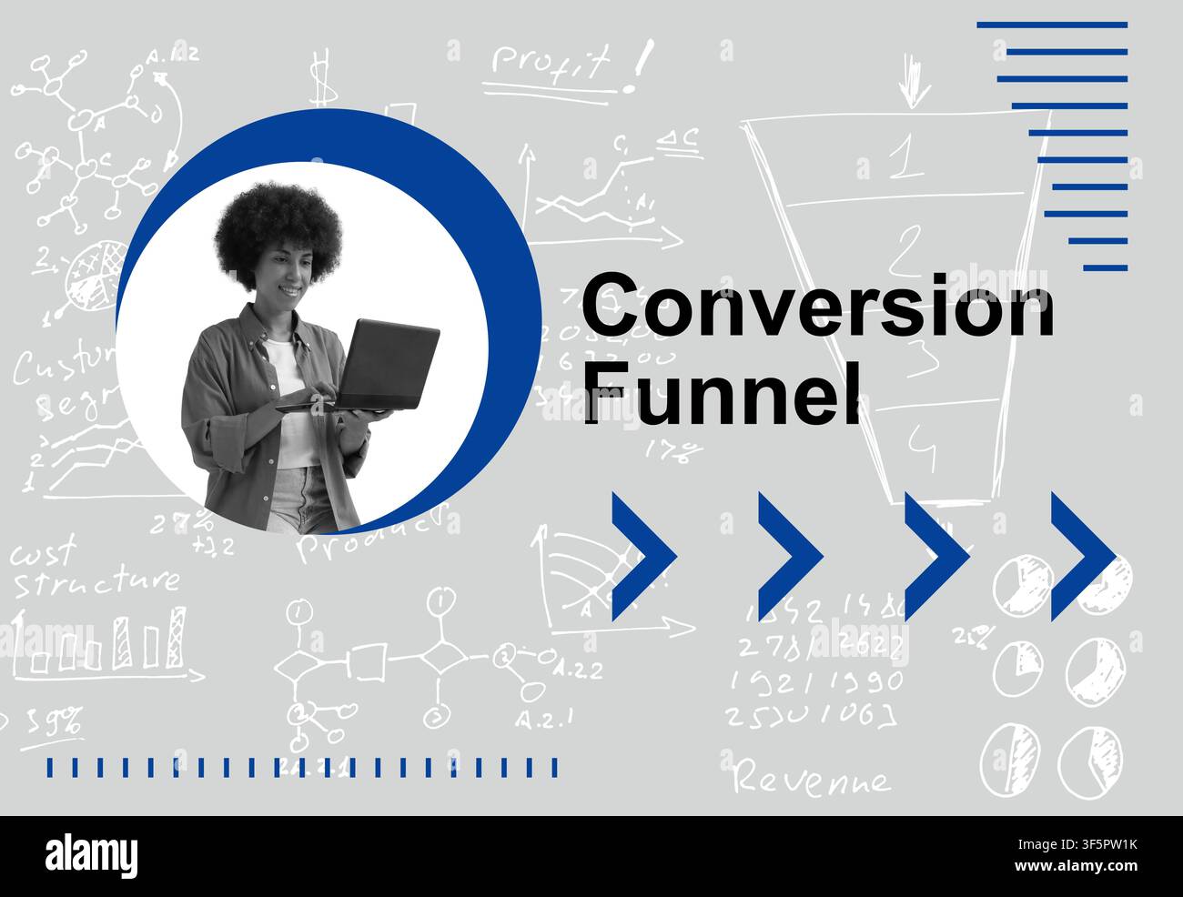 Femme utilisant un ordinateur portable à côté d'un diagramme d'entonnoir de conversion. Banque D'Images