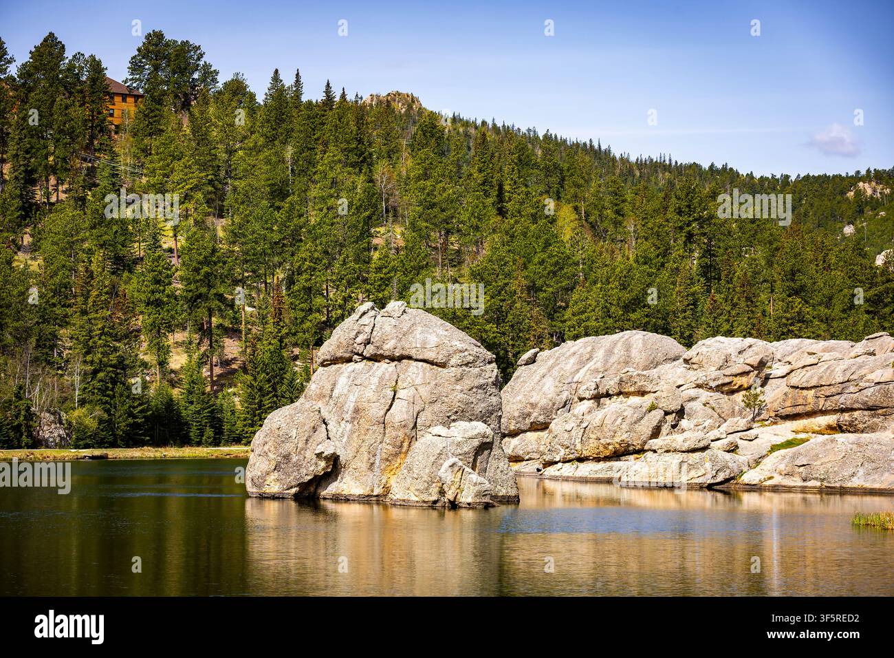 Vue panoramique du sentier de la rive du lac Sylvan avec les falaises Maverick dans le parc d'État de Custer, Dakota du Sud Banque D'Images