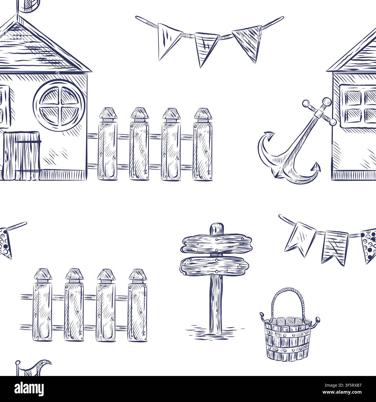 Motif marin sans couture avec cottage, ancre et clôture, drapeaux. Tout est dessiné à la main à l'encre. Papiers peints décoratifs de style marin pour l'intérieur ou Illustration de Vecteur