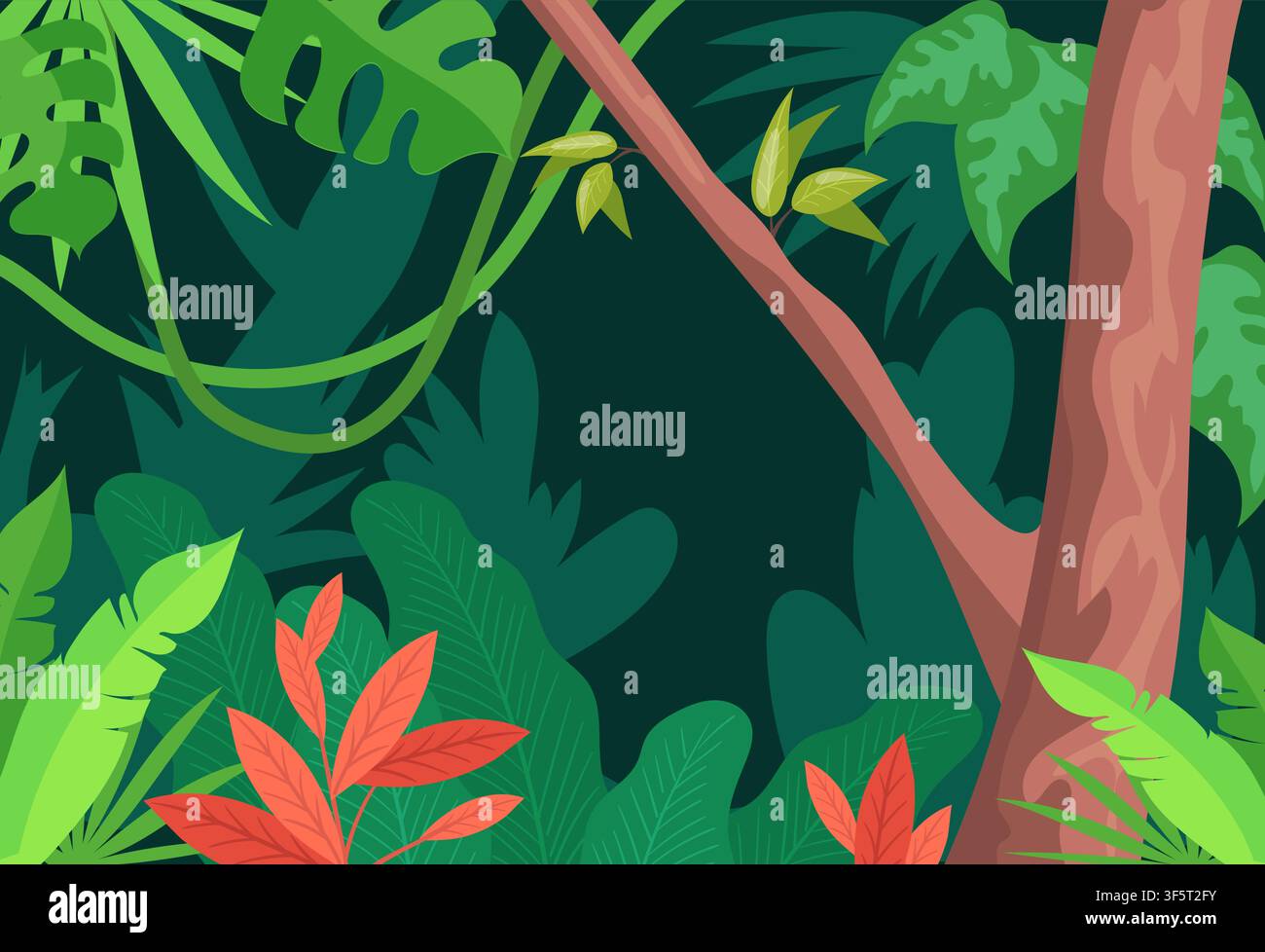 Paysage de jungle en dessin animé. Fond naturel de forêt tropicale, chemin de plantes à fleurs et d'arbres, bois, herbe, feuillage vert, aventure, jeu, vue de la jungle amazonienne, illustration vectorielle, œuvre originale Illustration de Vecteur