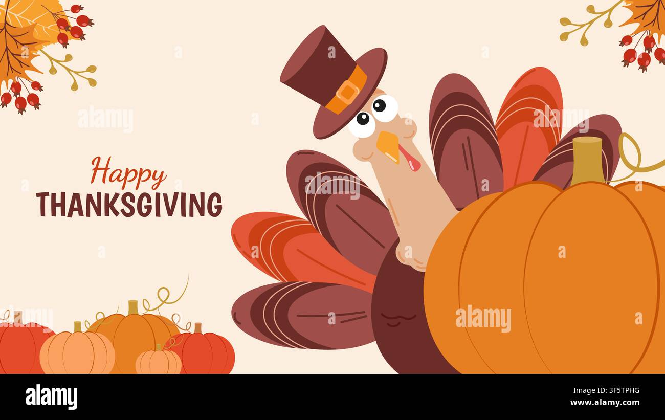 Modèle d'invitation pour Thanksgiving avec des feuilles d'automne et une couronne de dinde mignonne. Pour carte de vœux, invitation de fête, impression et conception web, illustration vectorielle. Illustration de Vecteur