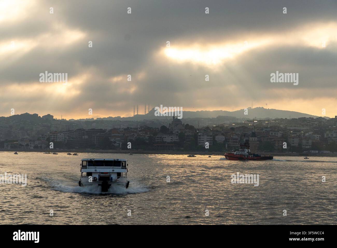 Istanbul, Turquie. 4 août 2026. Un ferry traverse l'eau tandis qu'une ligne d'horizon urbaine est visible en arrière-plan à Istanbul, Turquie. (Crédit image : © Moe Zoyari/ZUMA Press Wire) UTILISATION ÉDITORIALE UNIQUEMENT ! Non destiné à un USAGE COMMERCIAL ! Banque D'Images