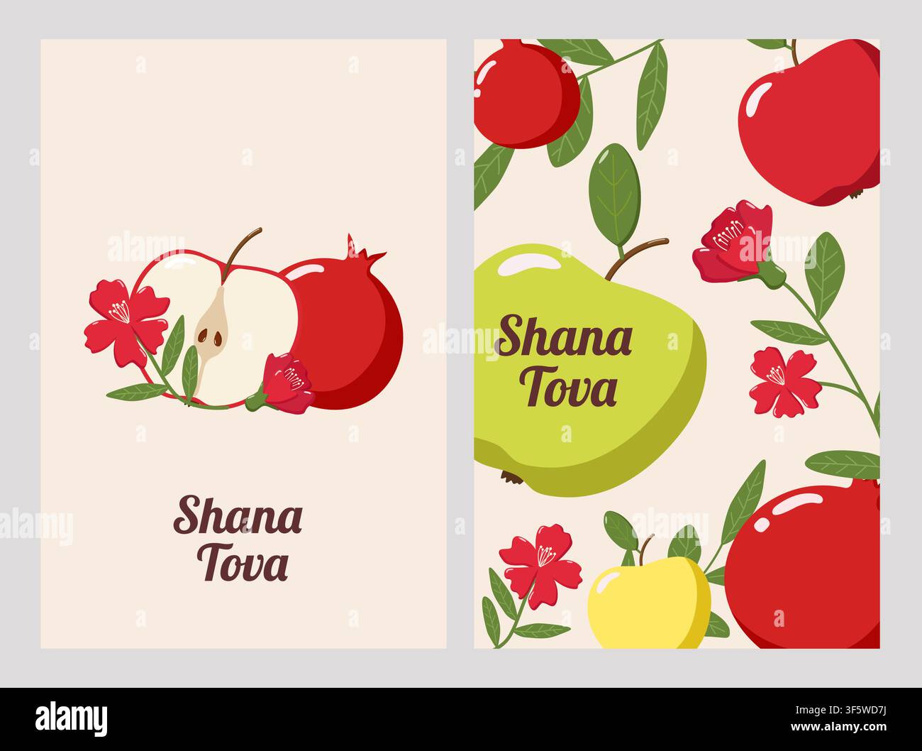 Deux cartes de vœux Rosh Hashanah avec des pommes, des grenades, des fleurs et des feuilles vertes, arborant le texte Shana Tova Illustration de Vecteur